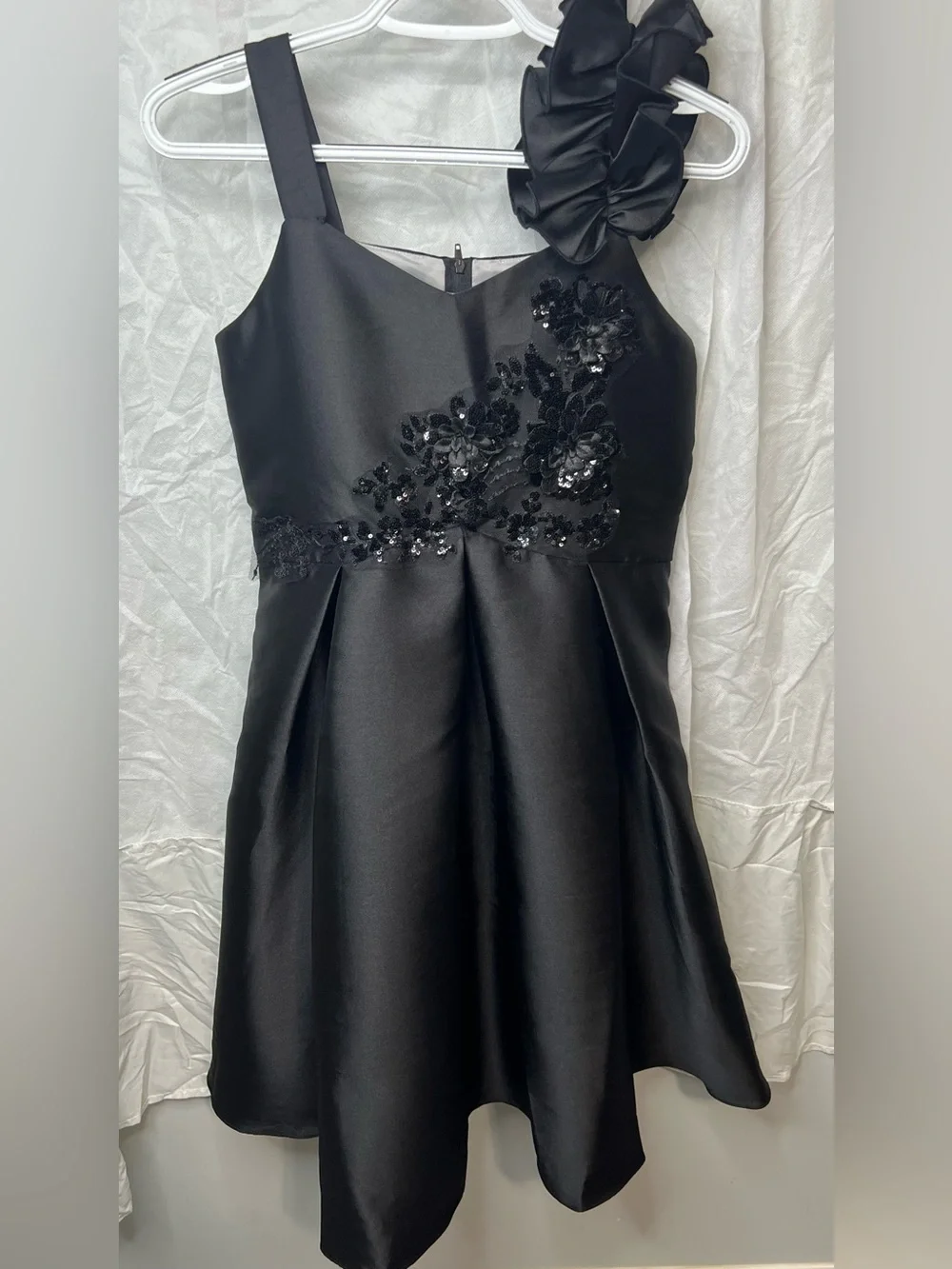 Bonnie Jean Black Satin Floral Appliqué Girls' Dress